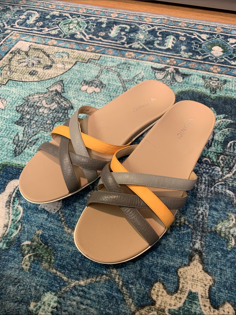 Vionic Dava leather sandals shoes qvc new yellow gray 11